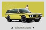  1boy bmw bmw_3_series brown_hair car english_text holding holding_removed_eyewear motor_vehicle no_humans original shadow short_hair solo sunglasses tkachenko_andrey unworn_eyewear vehicle_focus yellow_car 