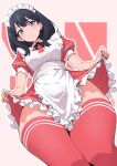  1girl alternate_costume apron black_hair black_ribbon blue_eyes closed_mouth clothes_lift commentary_request commission dress enmaided gridman_universe highres kamidan lifted_by_self long_hair looking_at_viewer maid maid_apron maid_headdress neck_ribbon red_dress red_thighhighs ribbon short_sleeves skeb_commission skirt skirt_lift solo ssss.gridman takarada_rikka thighhighs white_apron 