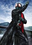  1boy antennae armor belt black_coat bug coat compound_eyes cowboy_shot fighting_stance gloves glowing glowing_eyes grasshopper green_armor green_helmet helmet highres kamen_rider kamen_rider_1_(shin) male_focus masukudo_(hamamoto_hikaru) red_eyes red_scarf rider_belt scarf shin_kamen_rider solo tokusatsu 