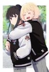  2girls ^_^ absurdres black_hair black_jacket blonde_hair blurry blurry_background blush bob_cut border chai_haru closed_eyes closed_mouth commentary_request copyright_name floral_print flower grey_pants half_up_braid hand_in_pocket highres holding_another&#039;s_wrist hug hug_from_behind inoue_takina jacket long_hair long_sleeves looking_at_viewer lycoris_recoil multiple_girls nishikigi_chisato open_mouth outdoors outside_border pants ponytail purple_eyes raglan_sleeves short_hair sidelocks spider_lily teeth upper_teeth_only white_border white_sleeves yuri 