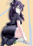  1girl animal_ear_fluff animal_ears ass black_bow black_dress black_hair blue_archive bow china_dress chinese_clothes dress extra_ears green_eyes halo highres huge_ass long_hair looking_at_viewer looking_back oozumi_03 short_sleeves shun_(blue_archive) shun_(small)_(blue_archive) smile solo squatting thick_thighs thighhighs thighs tiger_ears tiger_girl twintails white_thighhighs 