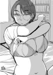  1girl absurdres blush bookshelf bra breasts dated glasses greyscale hadashi_no_kenji highres indoors looking_at_viewer medium_breasts monochrome navel original parted_bangs plump short_hair short_sleeves solo underwear undressing 