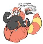after_vore ailurid anthro belly belt big_belly big_butt boot_(artist) bottomwear butt clothed clothing digital_media_(artwork) electronics english_text fur glasss hair long_hair male mammal open_belt overweight overweight_anthro overweight_male pants phone red_hair red_panda simple_background solo tail text thick_thighs topless vore wide_hips