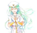  1girl alice_carroll aria_(manga) beret closed_eyes cowboy_shot dress fingerless_gloves gloves green_hair hair_between_eyes hands_up hat long_hair open_mouth orange_planet_uniform own_hands_together sailor_collar sasaichigo short_sleeves sidelocks simple_background solo very_long_hair white_background white_dress white_gloves white_hat 