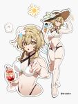  1girl :o absurdres bare_arms bare_shoulders bikini blonde_hair breasts cleavage commentary criss-cross_halter cropped_torso flower food genshin_impact grey_background hair_flower hair_ornament halterneck highres holding holding_food holding_ice_cream ice_cream kradebii long_hair looking_at_viewer lumine_(genshin_impact) medium_breasts multiple_views navel open_mouth parfait simple_background stomach swimsuit upper_body white_bikini white_flower yellow_eyes 