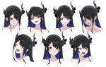  1girl absurdres asymmetrical_horns black_hair blue_hair blush chart closed_eyes collarbone colored_inner_hair daydarion demon_horns disgust embarrassed expression_chart expressions highres hololive hololive_english horns long_hair looking_at_viewer mole mole_under_eye multicolored_hair nerissa_ravencroft open_mouth red_eyes simple_background smile surprised two-tone_hair uneven_horns virtual_youtuber white_background 