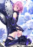  1girl ass bangs bare_shoulders body_armor boots breasts cloud cloudy_sky commentary_request elbow_gloves eyebrows_visible_through_hair fate/grand_order fate_(series) gloves hair_between_eyes highres knee_boots kneeling kobayashi_chisato looking_at_viewer mash_kyrielight medium_breasts petals purple_eyes purple_hair shield shiny shiny_hair short_hair sky solo 