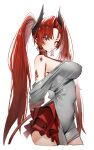  1girl alternate_costume arknights bare_shoulders black_horns breasts closed_mouth commentary_request covered_navel demon_girl demon_horns dress from_side grey_dress highres horn/wood horns infection_monitor_(arknights) large_breasts long_hair material_growth off_shoulder oripathy_lesion_(arknights) red_hair simple_background solo toddifons_(arknights) twintails upper_body very_long_hair white_background 