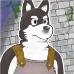  anthro black_body black_fur brick canid canine canis clothed clothing delicious_in_dungeon domestic_dog fur inside kuro_(delicious_in_dungeon) male mammal moss plant shaded simple_coloring simple_eyebrows simple_eyes simple_nose simple_shading solo tisao white_body white_fur 