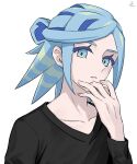  1boy alternate_costume black_shirt blue_eyes blue_hair collarbone eyelashes grusha_(pokemon) hand_up highres long_sleeves looking_at_viewer male_focus min_(myna8247) parted_lips pokemon pokemon_sv shirt signature solo upper_body white_background 