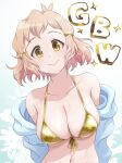  1girl arms_behind_back artist_name bikini blue_background breasts brown_hair closed_mouth collarbone front-tie_bikini_top front-tie_top gold_bikini golden_week gradient_background hair_ornament highres large_breasts looking_at_viewer navel scar scar_on_breasts senki_zesshou_symphogear short_hair smile solo swimsuit tachibana_hibiki_(symphogear) unyon upper_body white_background yellow_eyes 