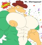 abs alligator alligatorid anthro big_muscles big_pecs candy clothing confetti cowboy_hat crocodilian dessert food food_creature glitch_productions green_body green_nipples growth gummigoo_(tadc) hat headgear headwear hi_res living_candy male multicolored_body muscle_growth muscular muscular_anthro muscular_male nipples oleanderin pecs reptile scalie solo the_amazing_digital_circus white_body white_eyes yellow_body yellow_nipples