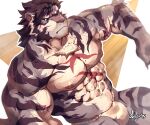  1boy abs absurdres animal_ears artist_name bara claws cross_scar dylan_(dylarts) english_commentary fundoshi furry furry_male highres japanese_clothes male_focus multiple_scars muscular muscular_male nipples one_eye_closed pectorals scar scar_across_eye scar_on_arm scar_on_cheek scar_on_chest scar_on_face scar_on_hand scar_on_nose scar_on_stomach sdorica sitting tiger_boy tiger_ears tiger_stripes topless_male yao_(sdorica) yellow_eyes 