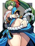  1girl bandages bandeau blue_robe blue_skirt blush breasts chest_sarashi clenched_teeth commentary cowboy_shot fire_emblem fire_emblem:_the_blazing_blade fire_emblem_heroes green_eyes green_hair groin highres kara_age large_breasts long_hair lyn_(fire_emblem) midriff navel official_alternate_costume ponytail robe rope sarashi shimenawa short_sleeves skirt solo standing stomach strapless teeth thighs tube_top very_long_hair 