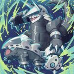  aggron aron blue_background claws commentary_request energy evolutionary_line fangs highres lairon no_humans norwo724 open_mouth outline pokemon pokemon_(creature) tongue 