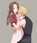  1boy 1girl 26caaan aerith_gainsborough arms_around_waist bangle bare_shoulders blonde_hair blue_pants blue_shirt bracelet braid braided_ponytail breasts brown_hair choker cloud_strife couple cropped_jacket dress final_fantasy final_fantasy_vii final_fantasy_vii_rebirth final_fantasy_vii_remake flower_choker green_eyes grey_background hair_ribbon hand_in_another&#039;s_hair hetero highres hug jacket jewelry light_blush long_dress long_hair medium_breasts pants parted_bangs pink_dress pink_ribbon red_jacket ribbon shirt short_hair short_sleeves sidelocks single_braid sleeveless sleeveless_turtleneck smile spiked_hair turtleneck upper_body wavy_hair 