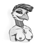  1:1 2023 adeer anthro areola avian beak bird breasts bust_portrait chest_tuft collar eyelashes feathers female front_view greyscale hair looking_at_viewer monochrome nipples non-mammal_breasts non-mammal_nipples nude portrait posture_collar smile solo tuft 