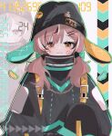  1girl :3 alternate_costume beanie black_jacket black_ribbon brown_eyes brown_hair character_name clock digital_clock ears_through_headwear hair_ribbon hana20000920 hat highres hololive hololive_english hooman_(nanashi_mumei) jacket looking_at_viewer low_twintails multicolored_hair nanashi_mumei ribbon smile streaked_hair techwear twintails upper_body virtual_youtuber 