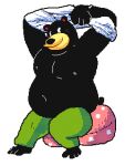  2024 anthro bear belly big_belly black_body black_nose blush bottomwear clothing keke_(artist) male mammal moobs navel nipples overweight overweight_male pants shirt solo topwear undressing 