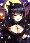  1girl :d absurdres animal_ear_fluff animal_ears armpits bat bell black_dress black_gloves black_hair breasts brown_eyes capelet cat_ears cat_girl cat_tail claw_pose cleavage commentary_request dress fangs full_moon gloves hair_ornament hairclip halloween hands_up hat highres holding jewelry looking_at_viewer medium_breasts mini_hat moon necklace omoomomo open_mouth original short_hair sleeveless sleeveless_dress smile solo star tail tilted_headwear upper_body x_hair_ornament 