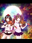  2girls :d autumn_leaves black_bow black_bowtie black_hair black_necktie black_skirt bondage_fiddle bow bow_(music) bowtie brown_eyes brown_hair checkered_clothes checkered_skirt closed_mouth collared_shirt commentary_request cowboy_shot frilled_skirt frills full_moon hair_ribbon happy hat highres himekaidou_hatate holding holding_bow_(music) holding_instrument holding_violin instrument kazi9090 leaf long_hair miniskirt moon multiple_girls necktie puffy_short_sleeves puffy_sleeves purple_hat purple_ribbon purple_skirt red_eyes red_hat ribbon shameimaru_aya shirt short_sleeves skirt smile tassel tokin_hat touhou twintails violin white_shirt 