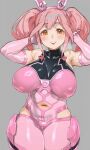  1girl absurdres armpits bodysuit breasts cameltoe clothing_cutout collagen elbow_gloves gloves grey_background highres huge_breasts macross macross_delta makina_nakajima navel navel_cutout orange_eyes pink_hair sidelocks simple_background thick_thighs thighs tongue tongue_out twintails 