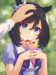  1girl 1other animal_ears bad_id bad_pixiv_id black_hair blue_eyes bob_cut breasts crepe eishin_flash_(umamusume) food hair_ornament hair_scrunchie headpat highres holding holding_food horse_ears horse_girl lens_flare looking_at_viewer medium_breasts medium_hair out_of_frame puffy_short_sleeves puffy_sleeves sailor_collar school_uniform scrunchie short_sleeves smile solo_focus swept_bangs tracen_school_uniform trainer_(umamusume) umamusume yako_noir_(kei-ne) 