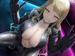  1girl :p absurdres black_bodysuit blonde_hair blush bodysuit breasts cleavage closed_mouth hands_up high_heels highres large_breasts long_hair looking_at_viewer navel no_bra non-web_source oekakizuki original smile solo squatting tongue tongue_out yellow_eyes 
