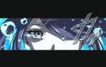  1girl ame-chan_(needy_girl_overdose) black_hair blue_background bubble close-up eye_focus eye_trail glint hair_ornament hair_over_one_eye highres light_trail looking_at_viewer needy_girl_overdose parody persona persona_eyes solo translation_request uiha_xxx x_hair_ornament 