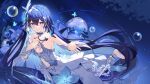  1girl absurdres bare_shoulders barefoot blue_butterfly blue_eyes blue_flower blue_hair blue_theme bubble bug butterfly chest_tattoo closed_mouth dress flower hair_between_eyes hair_flower hair_ornament hand_on_own_chest highres honkai_(series) honkai_impact_3rd huiyuanaideknight jellyfish light_smile long_hair looking_at_viewer navel open_hand seele_(honkai:_star_rail) seele_vollerei seele_vollerei_(herrscher_of_rebirth) smile solo strapless strapless_dress tattoo toes very_long_hair water water_drop watermark white_dress 