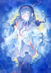  1girl abstract_background akemi_homura black_hair black_pantyhose blue_background bow bowtie braid capelet chinese_commentary collared_capelet commentary_request expressionless feet_out_of_frame glasses hairband highres ice ice_cube jacket long_hair long_sleeves looking_at_viewer mahou_shoujo_madoka_magica mahou_shoujo_madoka_magica_(anime) pantyhose parted_lips purple_bow purple_bowtie purple_capelet purple_eyes purple_skirt red-framed_eyewear red_hairband red_ribbon ribbon semi-rimless_eyewear skirt solo twin_braids under-rim_eyewear white_jacket willow_(yinling412) 