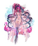  1girl absurdres baobhan_sith_(fate) baobhan_sith_(third_ascension)_(fate) bird boots breasts brynhildr97 cross-laced_clothes cross-laced_dress detached_sleeves dress facial_mark fate/grand_order fate_(series) flamingo flower frilled_hat frills full_body gag grey_eyes hair_ornament hat hat_flower high_heel_boots high_heels highres long_hair looking_at_viewer navel panties pink_hair platform_footwear platform_heels revealing_clothes sidelocks solo spiked_footwear thigh_boots torn_clothes underwear white_background white_dress white_hat white_panties 