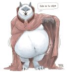 2024 anthro belly big_belly canid canine canis claws cloak clothing death_(puss_in_boots) dialogue dragontzin dreamworks front_view fur gloves handwear hi_res looking_at_viewer male mammal mostly_nude motion_lines mouth_closed navel obese obese_anthro obese_male overweight overweight_anthro overweight_male puss_in_boots_(dreamworks) red_cloak red_clothing red_eyes signature solo sound_effects speech_bubble standing talking_to_viewer text tiptoes toe_claws wobbling wolf