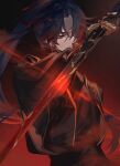  1boy absurdres black_gloves black_robe blade_(honkai:_star_rail) commentary ear_piercing glint gloves glowing glowing_weapon hair_intakes high_ponytail highres holding holding_sword holding_weapon honkai:_star_rail honkai_(series) long_hair looking_ahead male_focus parted_bangs piercing red_background red_eyes reverse_grip robe rongyishoushan2 shade solo standing sword upper_body very_long_hair weapon 