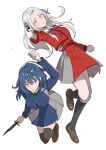  2girls absurdres aiming aiming_at_viewer black_socks blue_dress blue_eyes blue_hair blue_ribbon brown_footwear brown_thighhighs byleth_(female)_(fire_emblem) byleth_(fire_emblem) closed_mouth commentary_request cosplay dress edelgard_von_hresvelg fire_emblem fire_emblem:_three_houses full_body green_ribbon gun hair_ribbon handgun highres holding holding_gun holding_knife holding_weapon inoue_takina inoue_takina_(cosplay) kneehighs knife loafers long_hair long_sleeves looking_at_viewer lycoris_recoil lycoris_uniform multiple_girls neck_ribbon nishikigi_chisato nishikigi_chisato_(cosplay) purple_eyes purple_ribbon red_dress ribbon shoes simple_background socks thighhighs toho10min weapon white_background white_hair 