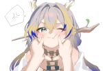  1girl 1other anger_vein annoyed arknights blonde_hair blue_hair blush commentary_request dragon_girl dragon_horns grey_eyes grey_hair hair_intakes hands_on_another&#039;s_cheeks hands_on_another&#039;s_face highres horns long_hair looking_at_viewer multicolored_hair one_eye_closed pov shu_(arknights) simple_background solo_focus speech_bubble spoken_anger_vein upper_body white_background zapik 