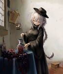  basket beize_(garbage) black_dress black_hat black_theme braid braided_ponytail dress fine_art_parody hat highres horror_(theme) kitchen long_braid machikado_mazoku meatgrinder nayuta_suika parody the_milkmaid too_many_eyes window 