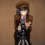  1girl album_cover_redraw black_hair brown_background brown_hat brown_jacket brown_shorts camera chanko collared_shirt commentary_request cowboy_shot derivative_work flat_cap glasses hat highres jacket long_sleeves looking_at_viewer necktie pointy_ears red_eyes red_necktie shameimaru_aya shameimaru_aya_(newsboy) shirt shorts solo touhou tripod white_shirt 