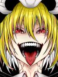  1girl blonde_hair crazy_eyes crazy_smile eyelashes flandre_scarlet hair_between_eyes hat highres kwisshy looking_at_viewer open_mouth red_eyes sharp_teeth short_hair smile solo straight-on teeth tongue tongue_out touhou veins veiny_face veiny_neck 