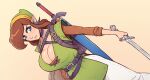  1girl angry belt blue_eyes breasts brellom brown_hair choker cleavage dutch_angle earrings freckles genderswap hat highres holding holding_sword holding_weapon huge_breasts jewelry large_breasts link looking_at_viewer master_sword pointy_ears scabbard sheath simple_background solo sword the_legend_of_zelda weapon 