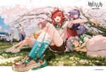  6+girls ahoge animal_ears arknights black_shorts car cherry_blossoms closed_eyes closed_mouth cowboy_shot cross-laced_footwear doughnut eyepatch falling_petals fang food fox_ears fox_tail green_socks hat holding holding_food kneehighs long_hair looking_at_viewer may_(arknights) medical_eyepatch motor_vehicle multiple_girls myrrh_(arknights) open_mouth outdoors petals pointy_ears popukar_(arknights) provence_(arknights) red_eyes red_hair sandals shirt shoes shorts sleeping smile sneakers socks spring_(season) tail tree vigna_(arknights) weedy_(arknights) white_hat white_shirt xiayehongming 