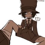  1boy ? brown_attire brown_coat brown_hair brown_hat chimbley_(law_of_talos) coat dark_skin dirty dirty_clothes hand_on_own_thigh hat highres law_of_talos looking_at_viewer male_focus messy non-web_source perspective simple_background spread_legs unamused 