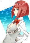  1girl ark_royal_(kantai_collection) bangs blue_eyes blush bob_cut bow bowtie breasts cleavage cleavage_cutout closed_mouth corset flower from_side hairband highres kantai_collection katsuobushi_(eba_games) lips long_sleeves red_flower red_hair red_neckwear red_rose rose short_hair small_breasts solo sparkle tiara white_corset 