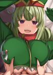  1boy 1girl absurdres ahoge alternate_breast_size araga_kiwi blush breasts breasts_squeezed_together censored clothed_female_nude_male coat commentary_request double_bun green_hair green_hat green_sleeves hair_bun hat hetero highres huge_breasts jacket leoparde_(mahou_shoujo_ni_akogarete) looking_at_viewer mahou_shoujo_ni_akogarete mero_en_e military_coat military_hat military_jacket mole mole_under_eye mosaic_censoring nude open_mouth paizuri paizuri_under_clothes penis perpendicular_paizuri pov pov_crotch simple_background smile solo_focus translation_request very_long_sleeves 