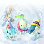  :d ^_^ beanie blue_hat breath chikorita closed_eyes commentary_request cyndaquil footprints happy hat highres nijuuni_(njn_22) no_humans open_mouth pokemon pokemon_(creature) scarf sharp_teeth smile snow snowball starter_pokemon_trio teeth totodile unworn_scarf 