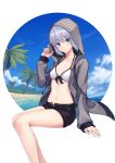  1girl aqua_eyes beach bikini bikini_under_clothes black_shorts blue_sky breasts closed_mouth cloud cloudy_sky collarbone commentary fate_(series) feet_out_of_frame front-tie_bikini front-tie_top gray_(lord_el-melloi_ii) grey_hoodie halter_top halterneck hand_up highres hood hoodie hoodier invisible_chair legs_together long_sleeves looking_at_viewer lord_el-melloi_ii_case_files medium_breasts navel ocean open_clothes open_fly open_hoodie outside_border palm_tree round_image short_hair short_shorts shorts silver_hair sitting sky sleeves_past_wrists smile solo stomach swimsuit thighs tree water white_background white_bikini 