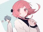  1boy 1girl ? blush cardigan grey_eyes grey_hair long_sleeves looking_back maco22 original own_hands_clasped own_hands_together pink_eyes pink_hair short_hair short_hair_with_long_locks smile spoken_question_mark sweater 