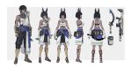  1boy 1girl animal_ears arm_guards arm_wrap armor assault_rifle belt_pouch black_hair black_pants black_skirt bob_cut breastplate dark-skinned_female dark-skinned_male dark_skin earrings echj egyptian explosive from_behind from_side grenade gun highres jewelry khopesh multiple_views original pants pouch red_eyes rifle sandals shin_guards short_hair skirt straight-on weapon 