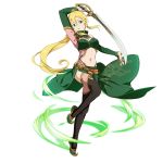  1girl arm_up armpits black_legwear blonde_hair braid breasts cleavage detached_sleeves floating_hair green_eyes green_skirt green_sleeves groin hair_between_eyes highleg highleg_panties highres holding holding_sword holding_weapon jewelry leafa leg_up long_hair long_sleeves looking_at_viewer medium_breasts navel official_art open_mouth panties ponytail ring saber_(weapon) see-through side_slit skirt solo standing standing_on_one_leg sword sword_art_online thighhighs thumb_ring transparent_background twin_braids underwear very_long_hair weapon 