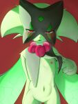  1girl animal_nose blush body_fur claws eitirou12345 flat_chest furry furry_female green_fur lifted_by_self looking_at_viewer mask meowscarada navel nipples parted_lips pink_eyes pokemon pokemon_(creature) red_background simple_background solo sweatdrop 